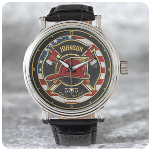 Firefighter Fire Rescue Department USA Flag Custom Watch
