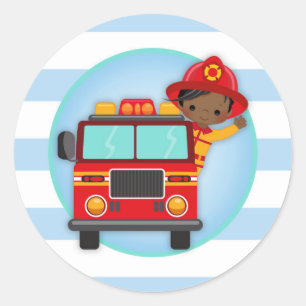 Firefighter Fire Truck African American Boy Classic Round Sticker