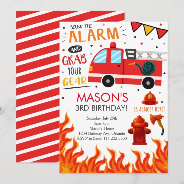Firefighter Fire Truck Birthday Party Invite (Front/Back)