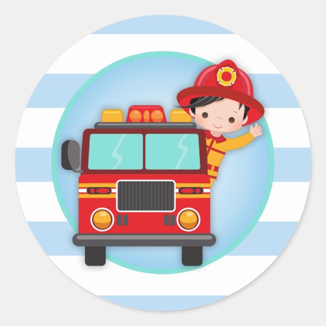Firefighter Fire Truck Black Hair Boy Classic Round Sticker (Front)