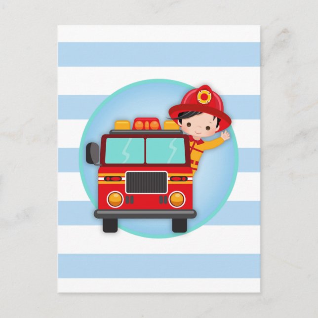 Firefighter Fire Truck Black Hair Boy Postcard (Front)