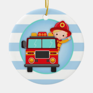 Firefighter Fire Truck Blonde Hair Boy Ceramic Tree Decoration