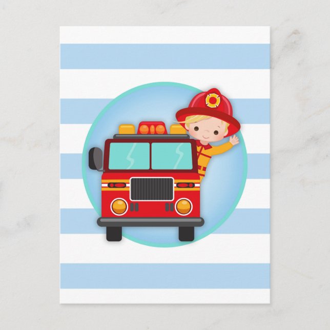 Firefighter Fire Truck Blonde Hair Boy Postcard (Front)