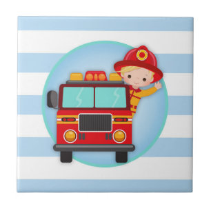 Firefighter Fire Truck Blonde Hair Boy Tile