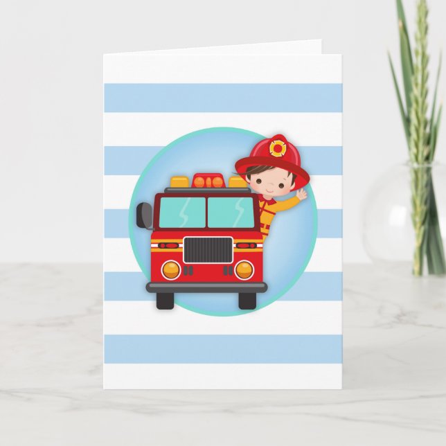 Firefighter Fire Truck Brown Hair Boy Card (Front)