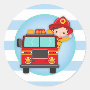 Firefighter Fire Truck Brown Hair Boy Classic Round Sticker