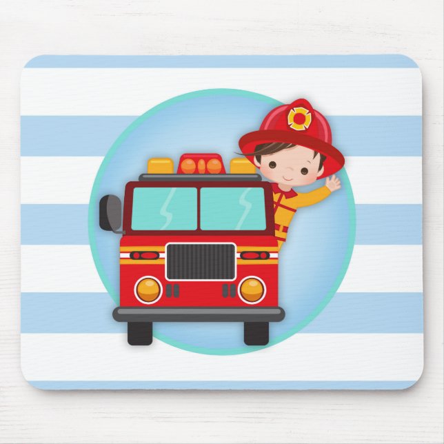 Firefighter Fire Truck Brown Hair Boy Mouse Mat (Front)