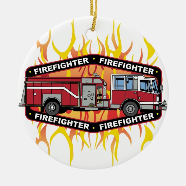 Firefighter Fire Truck Ceramic Tree Decoration (Front)