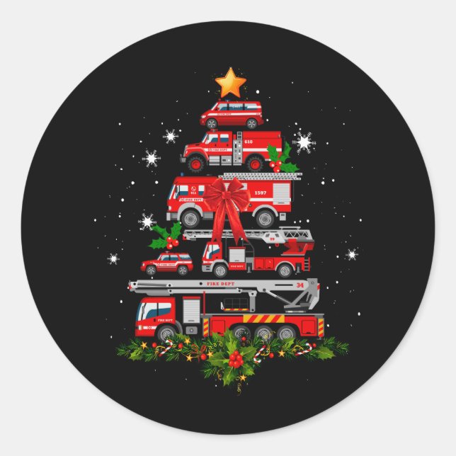Firefighter Fire Truck Christmas Tree Lights Santa Classic Round Sticker (Front)