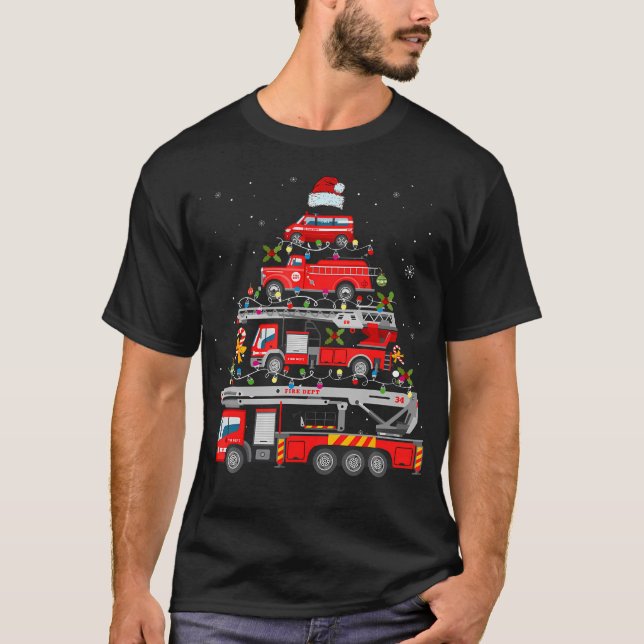 Firefighter Fire Truck Christmas Tree Lights Santa T-Shirt (Front)