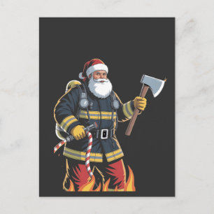Firefighter Fire Truck Christmas Tree Santa Xmas Announcement Postcard