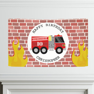 Firefighter Fire Truck Flames Brick Birthday Banner