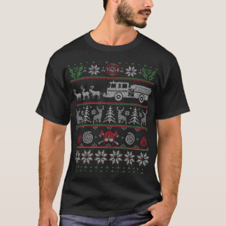 Firefighter Fire Truck Pulled by Reindeer Ugly Chr T-Shirt
