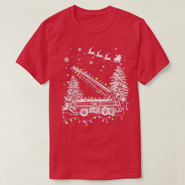 Firefighter Fire Truck Riding Xmas Tree Lights Fun T-Shirt (Design Front)