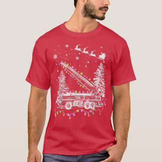 Firefighter Fire Truck Riding Xmas Tree Lights Fun T-Shirt