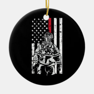 Firefighter Fireman American Flag Red Line Ceramic Tree Decoration
