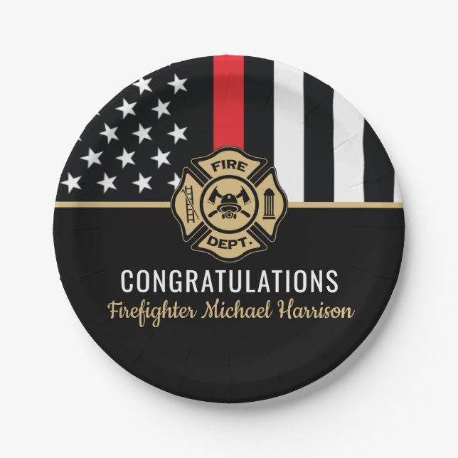 Firefighter Fireman Thin Red Line Graduation Paper Plate (Front)