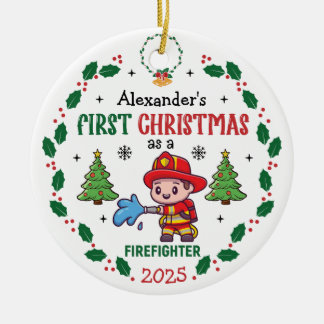 Firefighter First Christmas Custom Name Ceramic Tree Decoration