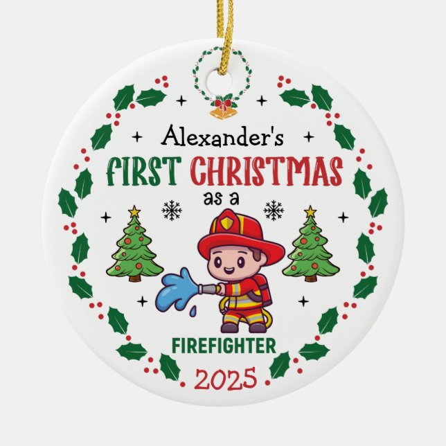 Firefighter First Christmas Custom Name Ceramic Tree Decoration (Front)