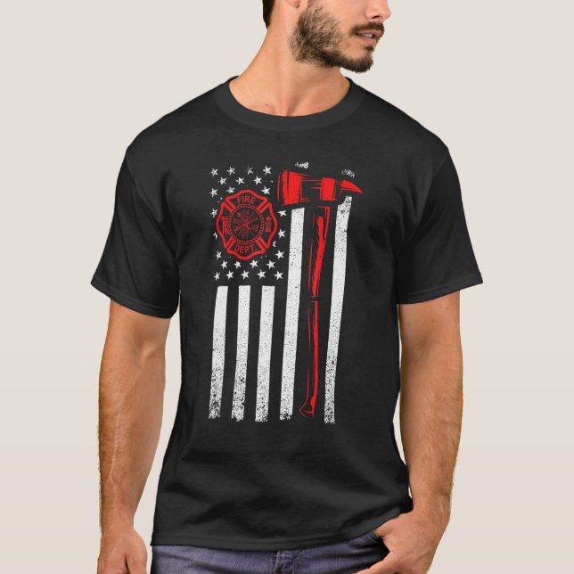 Firefighter Flag With Axe And Usa Flag T-Shirt (Front)
