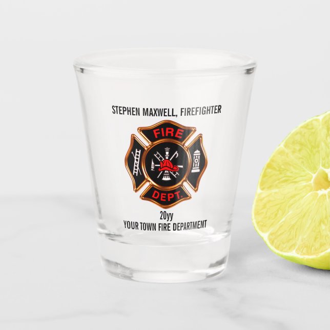 Firefighter Flames Emblem Name and Department  Shot Glass (Front)