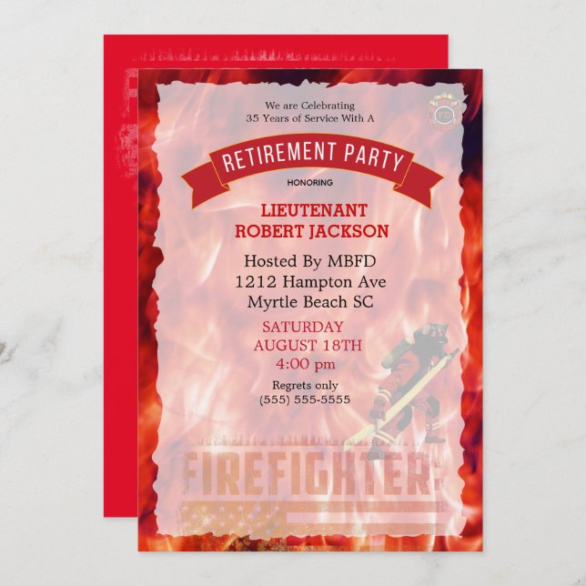 Firefighter Flames Flag Retirement Party   Invitation (Front/Back)