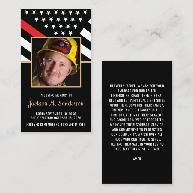 Firefighter Funeral Memorial Photo Prayer Card (Front/Back)