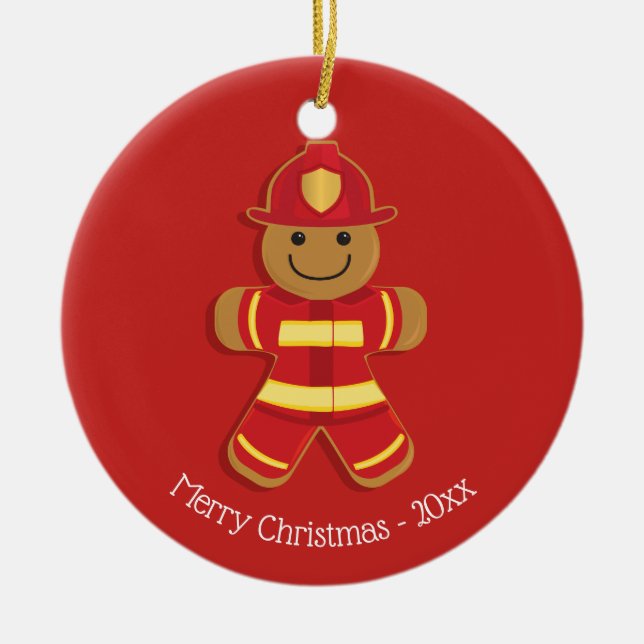 Firefighter Gingerbread Man Christmas Ceramic Tree Decoration (Front)