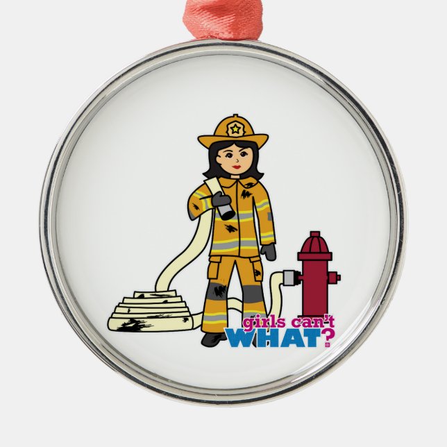 Firefighter Girl - Brunette Metal Tree Decoration (Front)