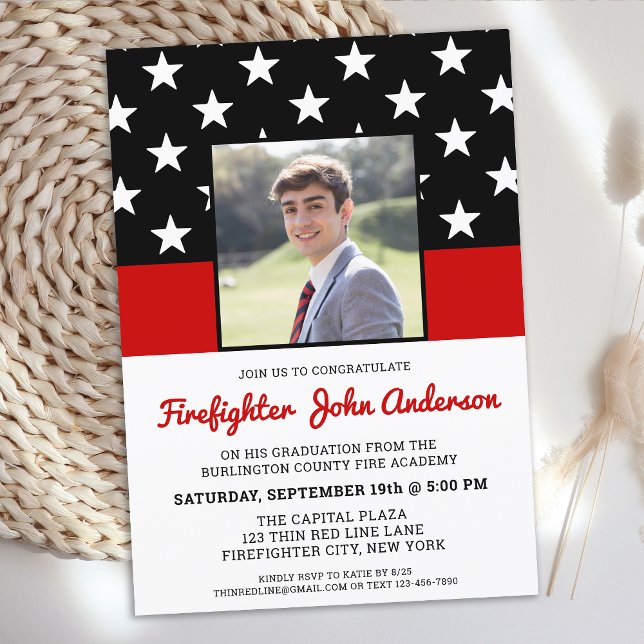 Firefighter Graduation Custom Photo Thin Red Line  Invitation (Creator Uploaded)
