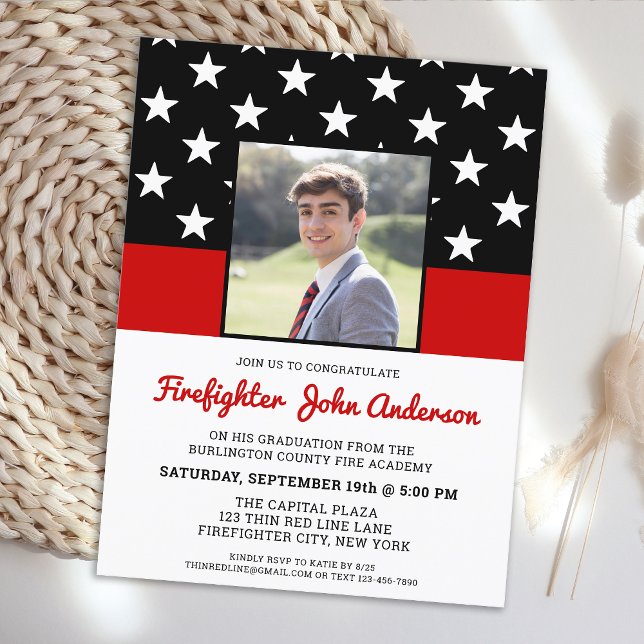 Firefighter Graduation Custom Photo Thin Red Line Invitation Postcard (Creator Uploaded)