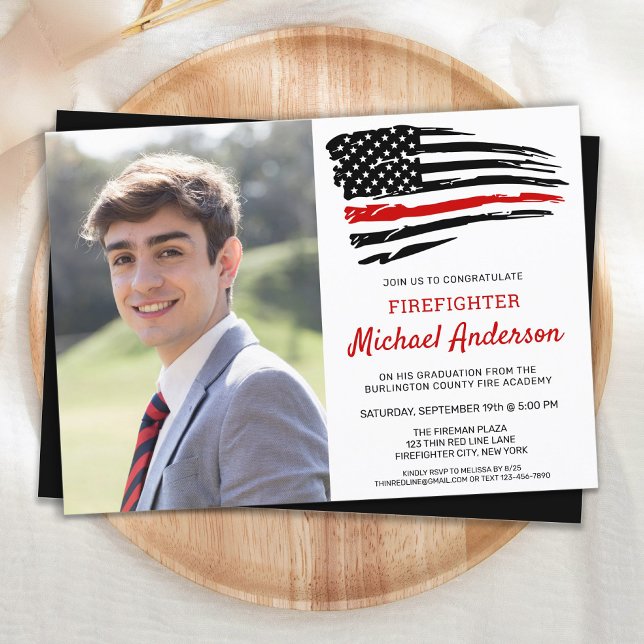 Firefighter Graduation Fireman Photo Thin Red Line Invitation (Creator Uploaded)