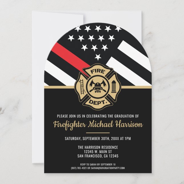 Firefighter Graduation Red Line Fireman Party Invitation (Front)