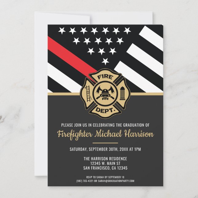 Firefighter Graduation Red Line Flag Fireman Invitation (Front)