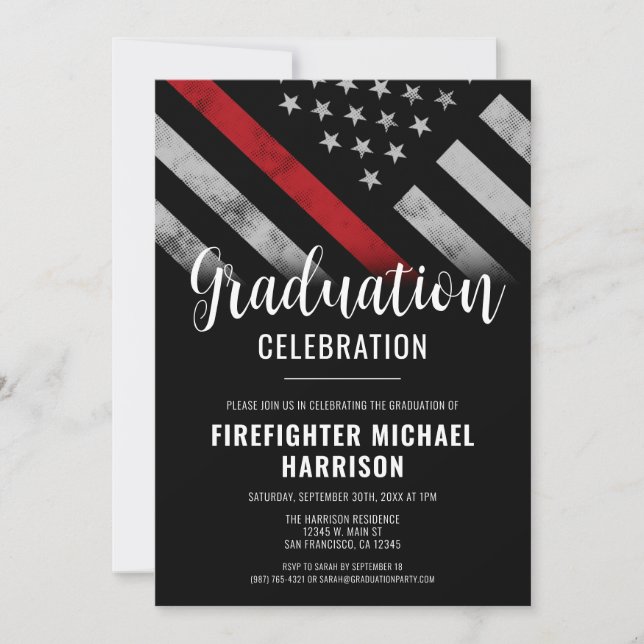 Firefighter Graduation Red Line Flag Fireman Invitation (Front)