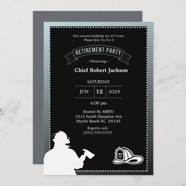 Firefighter Grey Black Retirement Party Invitation (Front/Back)