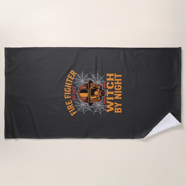 Firefighter Halloween Witch Night Design Beach Towel (Front)