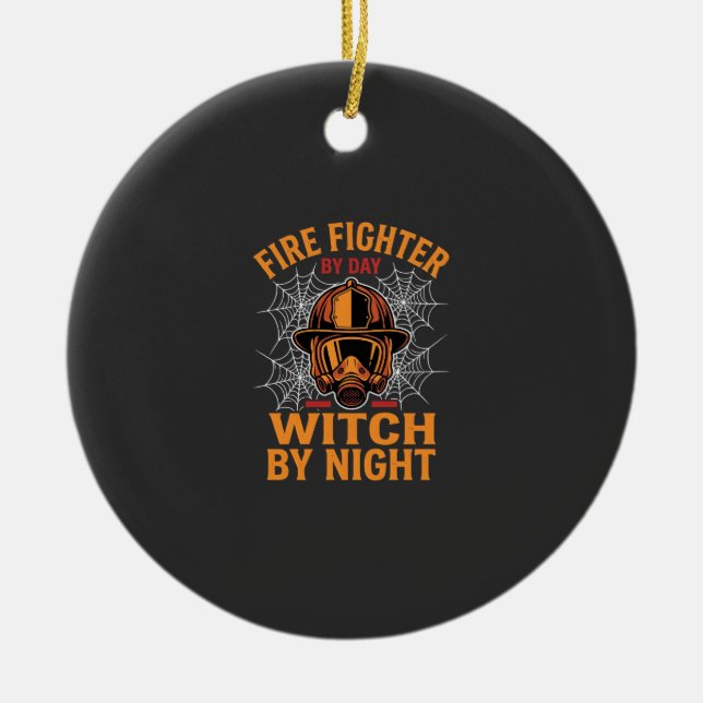 Firefighter Halloween Witch Night Design Ceramic Tree Decoration (Front)
