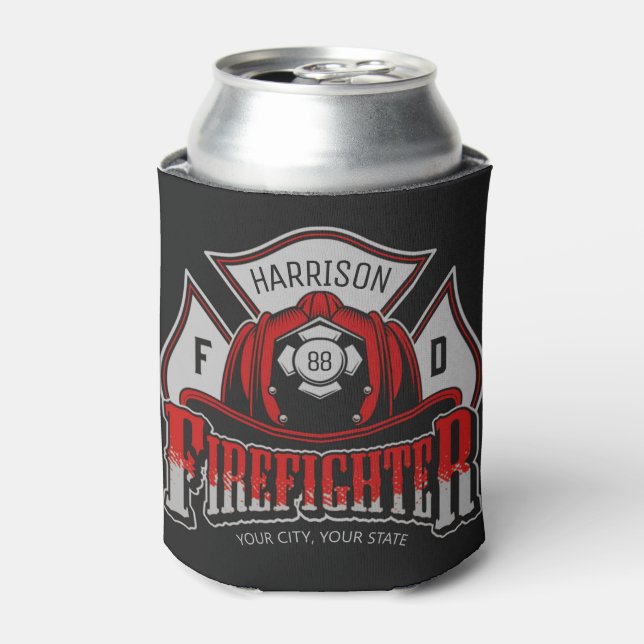 Firefighter Helmet ADD NAME Fire Department Rescue Can Cooler (Can Front)