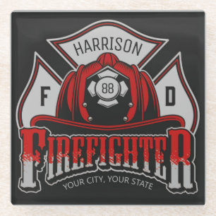 Firefighter Helmet ADD NAME Fire Department Rescue Glass Coaster