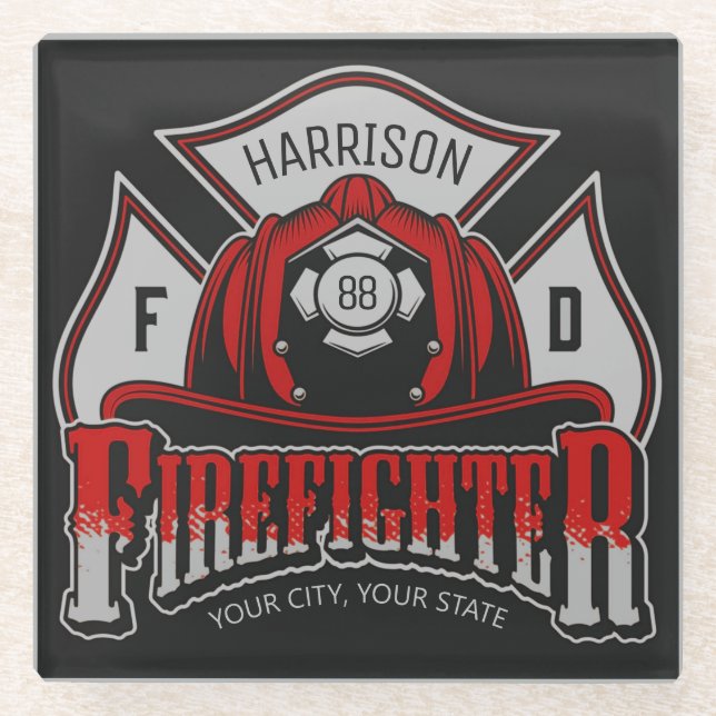 Firefighter Helmet ADD NAME Fire Department Rescue Glass Coaster (Front)