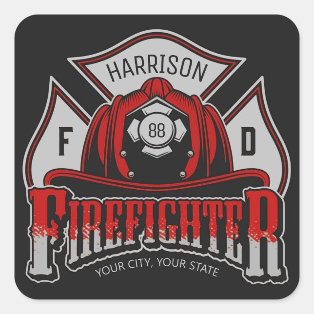 Firefighter Helmet ADD NAME Fire Department Rescue Square Sticker (Front)