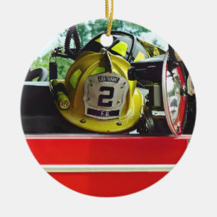 Firefighter Helmets Inside Fire Truck Ceramic Tree Decoration