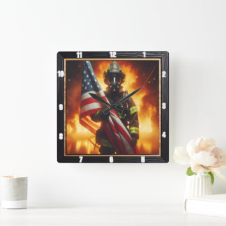 Firefighter Hero American Flag Protection Square Wall Clock