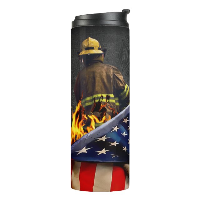 Firefighter Holding American Flag with Flames Thermal Tumbler (Rotated Left)