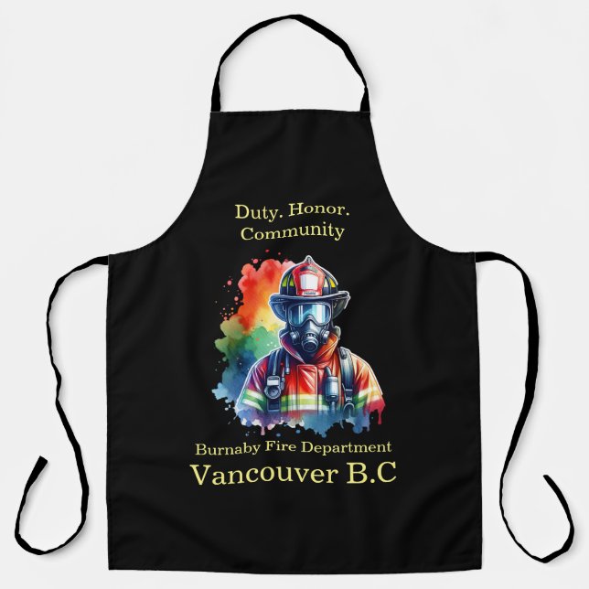 Firefighter in action, colourful backdrop apron (Front)