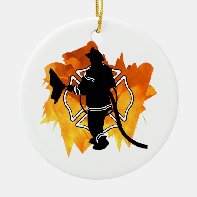 Firefighter IN Flames Ceramic Tree Decoration (Front)