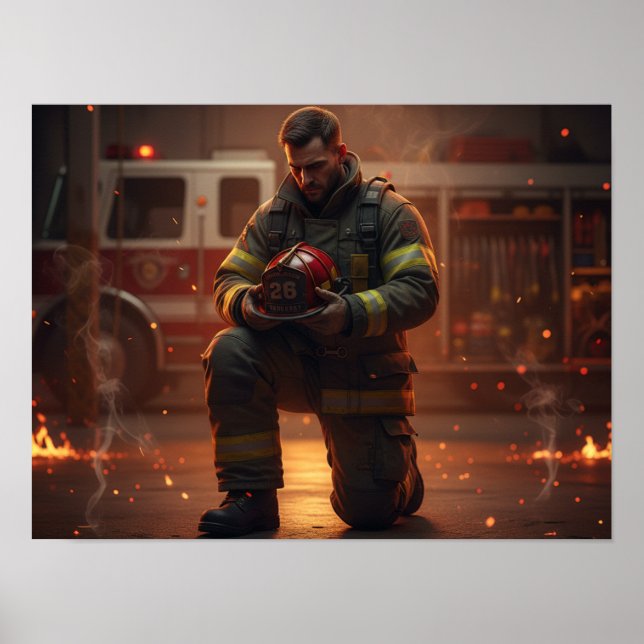 Firefighter Kneeling Tribute Poster (Front)