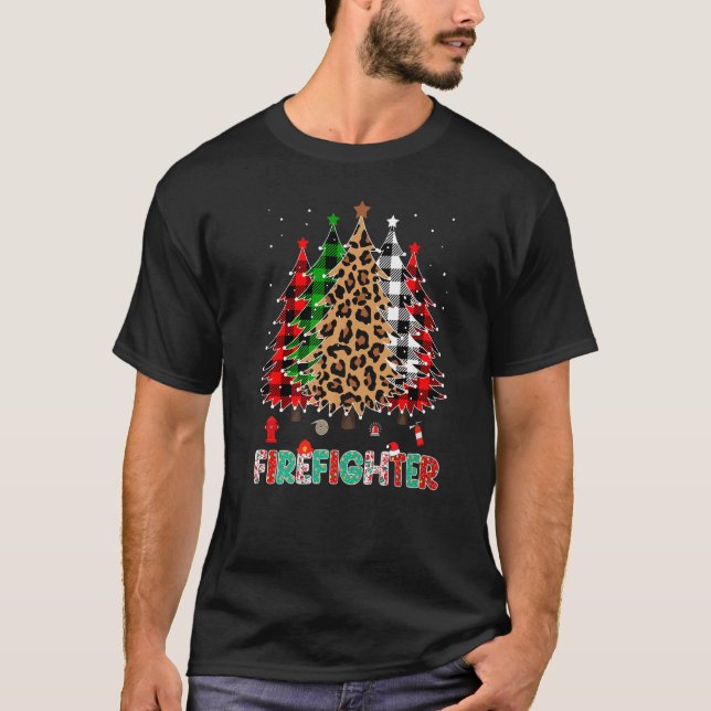 Firefighter Leopard Red White Green Plaid Christma T-Shirt (Front)