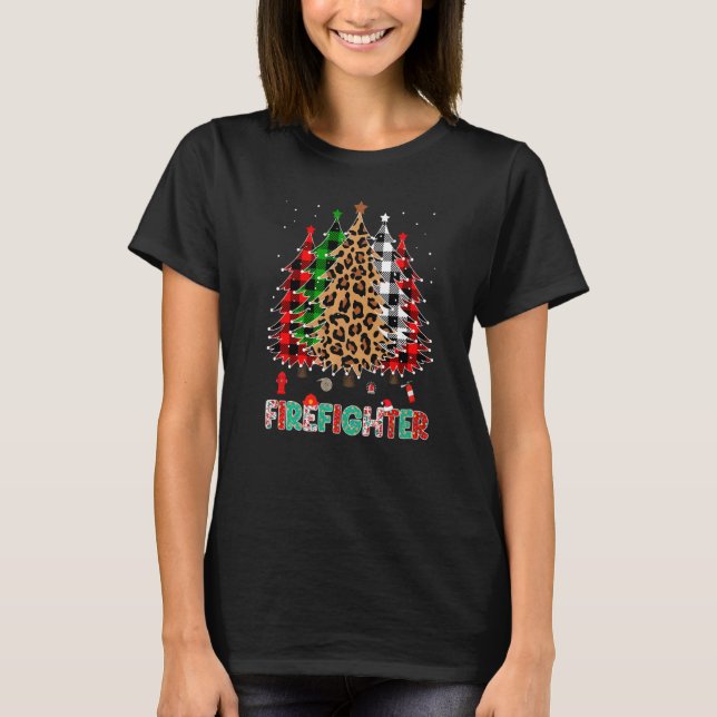 Firefighter Leopard Red White Green Plaid Christma T-Shirt (Front)